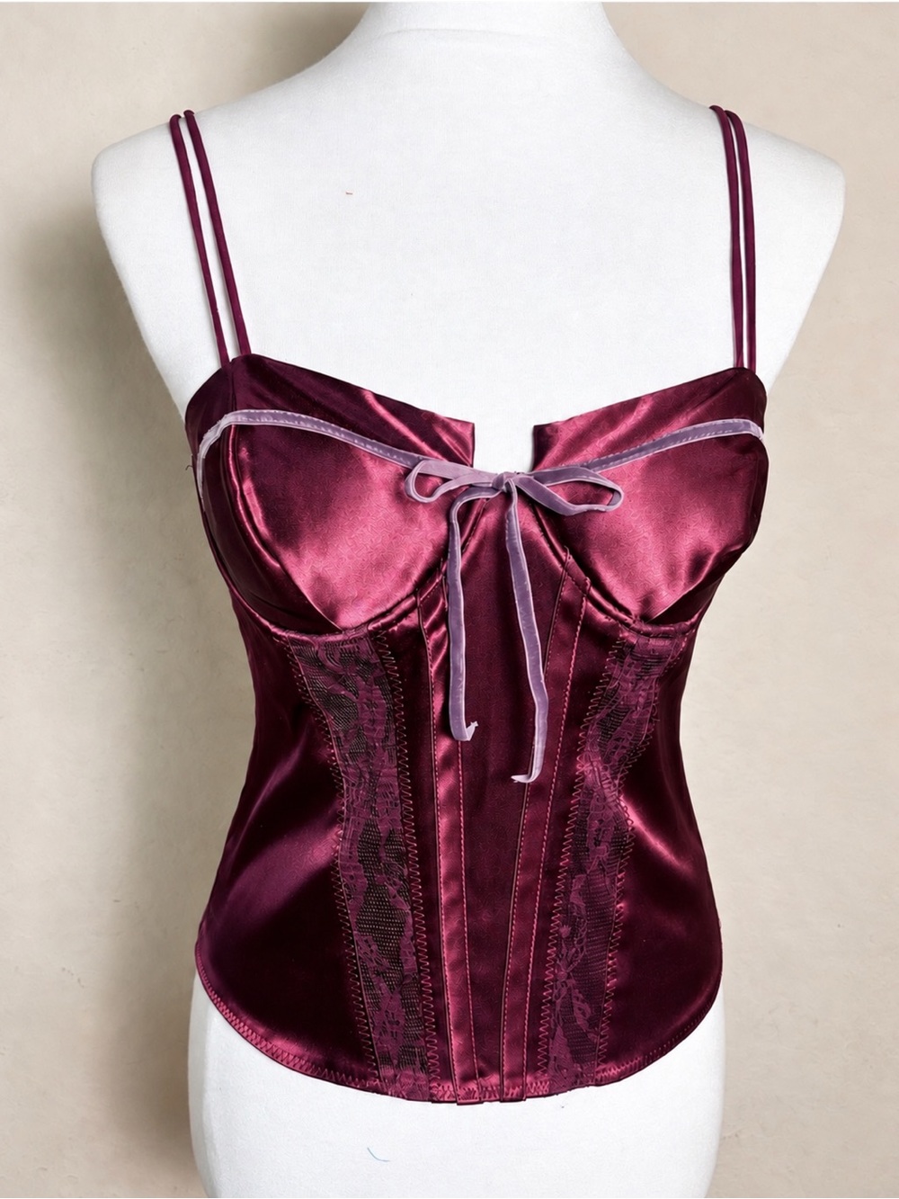 GUESS Vintage Satin Corset Bustier Top Y2K Lace Panel Detail Deep Plum Whimsy M